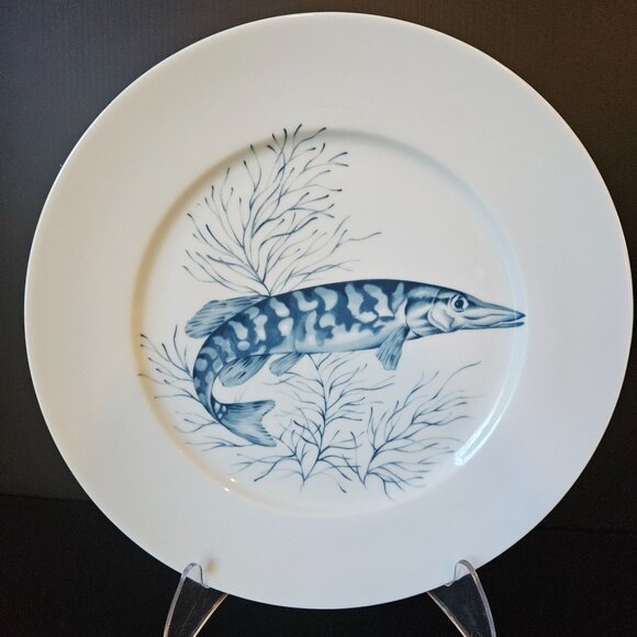 Vintage French Porcelain SOLOGNE Blue White FISH Dish Decorative Plate FRANCE - Picture 1 of 3